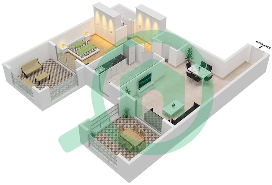 المخططات الطابقية لتصميم النموذج A شقة 1 غرفة نوم - شقق الحمراء فيليج مارينا interactive3D