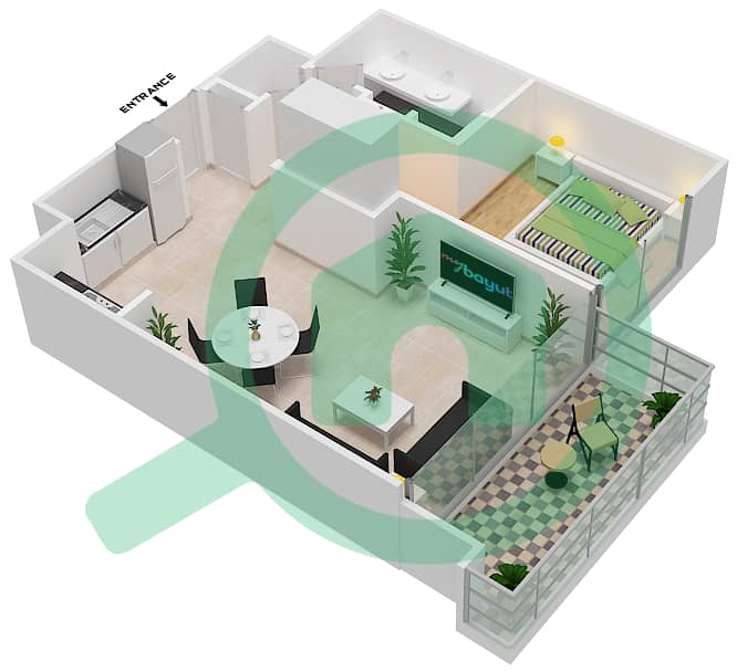 المخططات الطابقية لتصميم النموذج / الوحدة A/1-2,7,9-10,12-15 شقة 1 غرفة نوم - بالاس رزيدنسز Floor 1-43 interactive3D