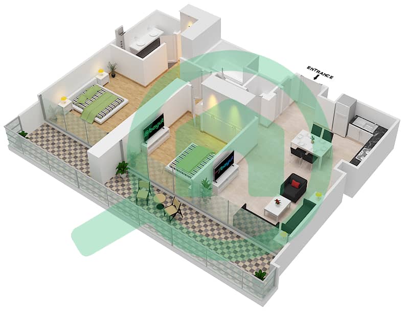 المخططات الطابقية لتصميم النموذج / الوحدة B/7-8,10 شقة 2 غرفة نوم - بالاس رزيدنسز Floor 1-43 interactive3D