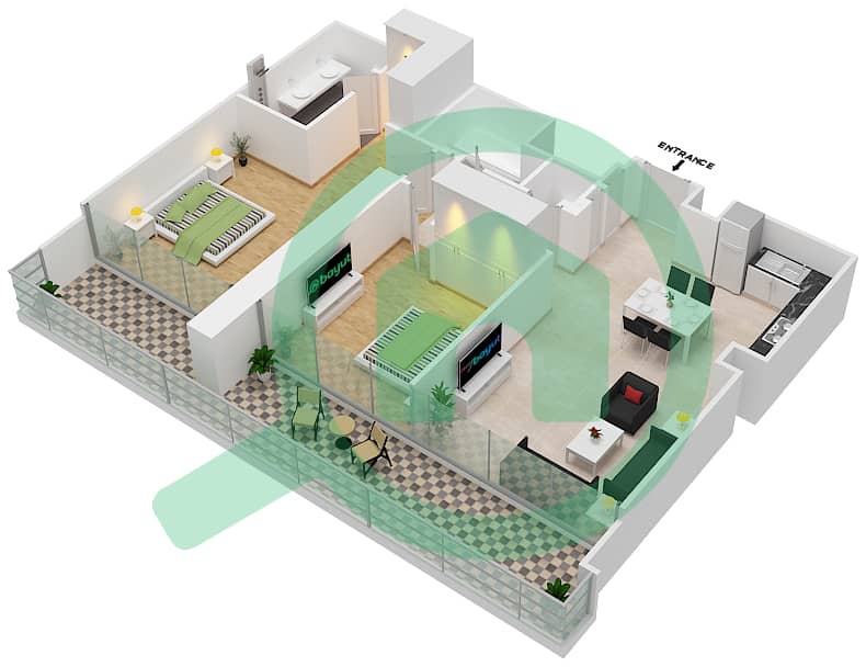 宫殿公寓 - 2 卧室公寓类型／单位B/7-8,10戶型图 Floor 1-43 interactive3D