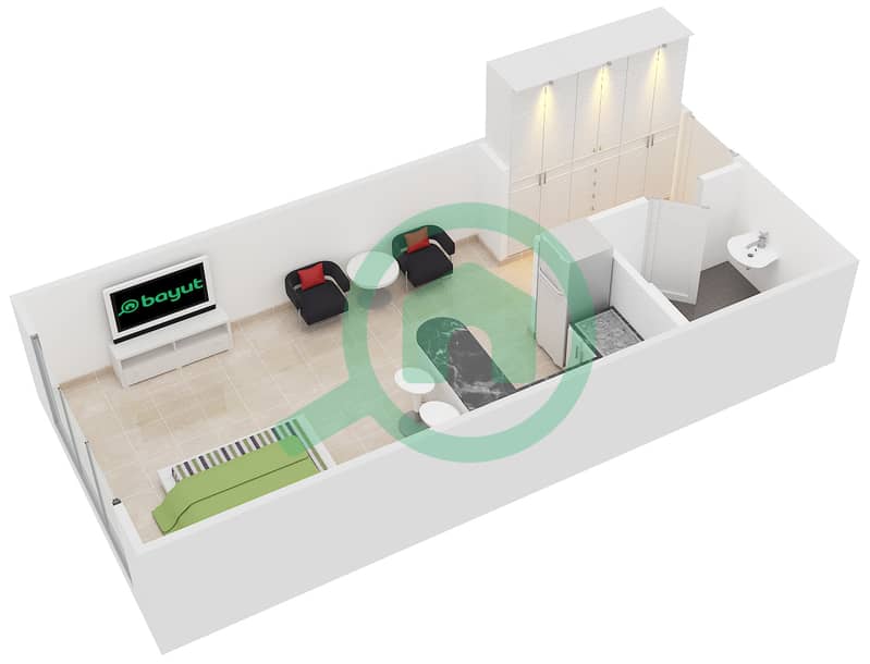 المخططات الطابقية لتصميم الوحدة T-19 شقة استوديو - نايتس بريدج كورت interactive3D