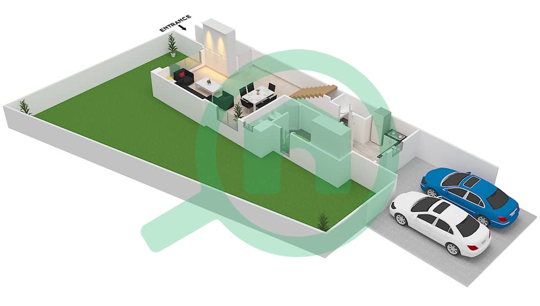 المخططات الطابقية لتصميم النموذج G فیلا 3 غرف نوم - فلل واحة Ground Floor interactive3D