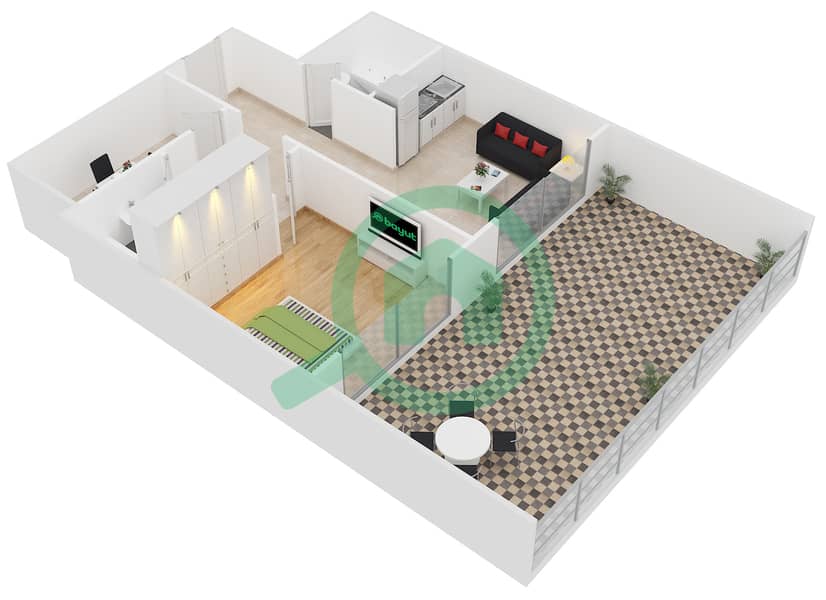 المخططات الطابقية لتصميم الوحدة G-06 شقة 1 غرفة نوم - نايتس بريدج كورت interactive3D