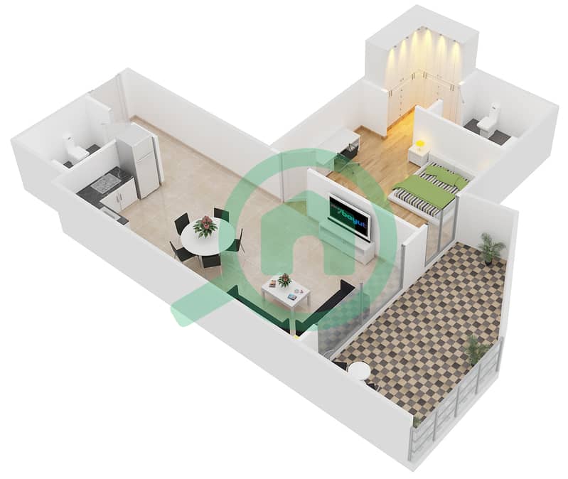 المخططات الطابقية لتصميم الوحدة G-08 شقة 1 غرفة نوم - نايتس بريدج كورت interactive3D
