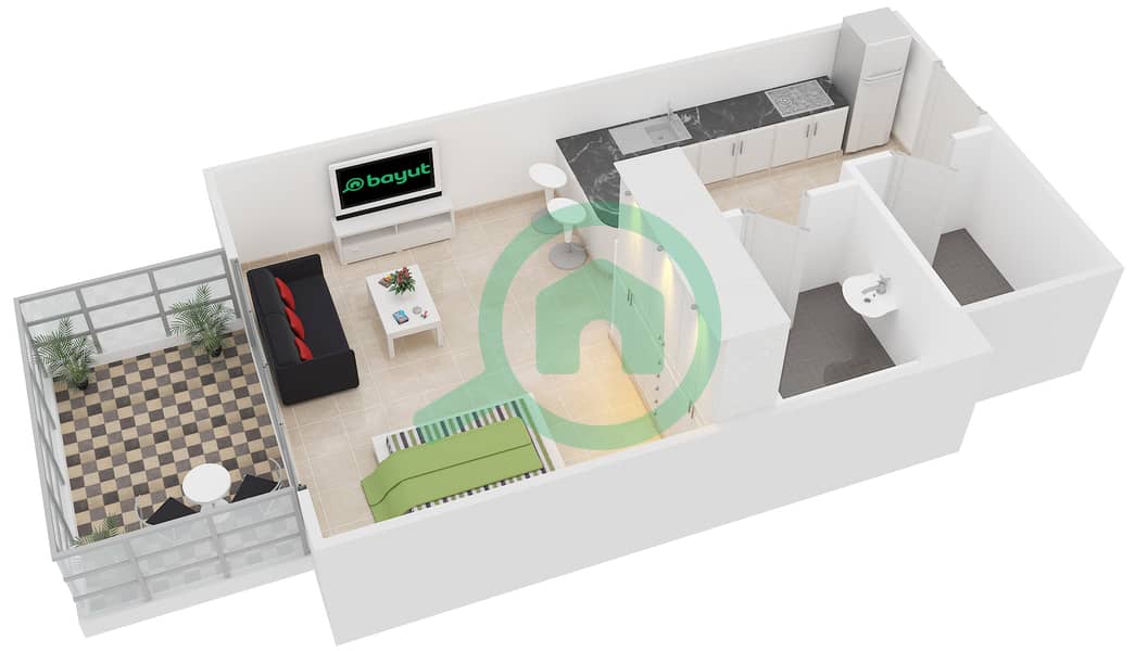 المخططات الطابقية لتصميم الوحدة R-06 شقة استوديو - نايتس بريدج كورت interactive3D