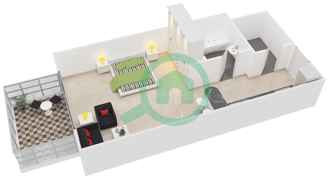 骑士桥阁综合大楼 - 单身公寓单位R-03戶型图 interactive3D