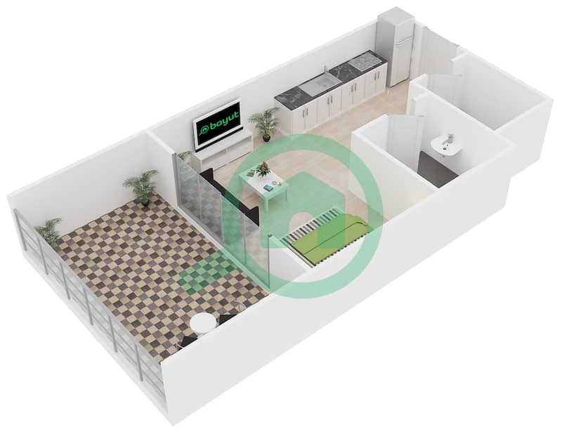 المخططات الطابقية لتصميم الوحدة G-14 شقة استوديو - نايتس بريدج كورت interactive3D