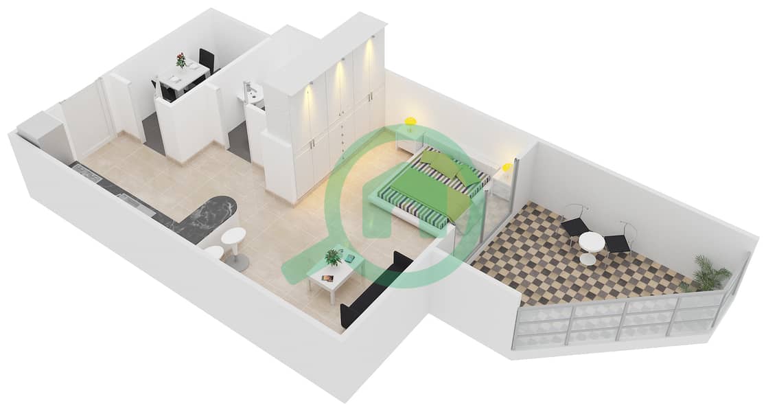 骑士桥阁综合大楼 - 单身公寓单位G-05戶型图 interactive3D