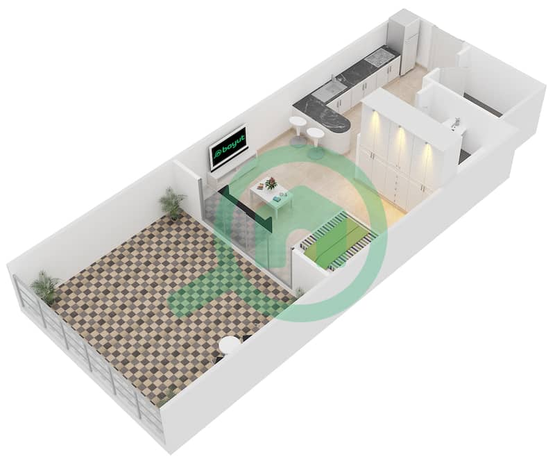 المخططات الطابقية لتصميم الوحدة G-02 شقة استوديو - نايتس بريدج كورت interactive3D