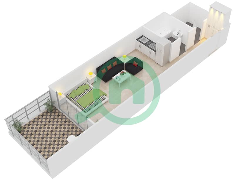المخططات الطابقية لتصميم الوحدة G-01 شقة استوديو - نايتس بريدج كورت interactive3D