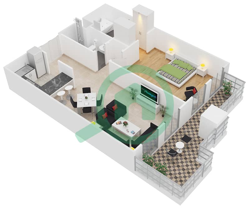 المخططات الطابقية لتصميم الوحدة B-101 شقة 1 غرفة نوم - لي جراند شاتو interactive3D