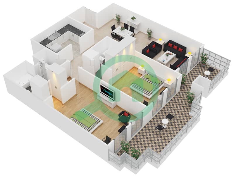 المخططات الطابقية لتصميم الوحدة B-106 شقة 2 غرفة نوم - لي جراند شاتو interactive3D