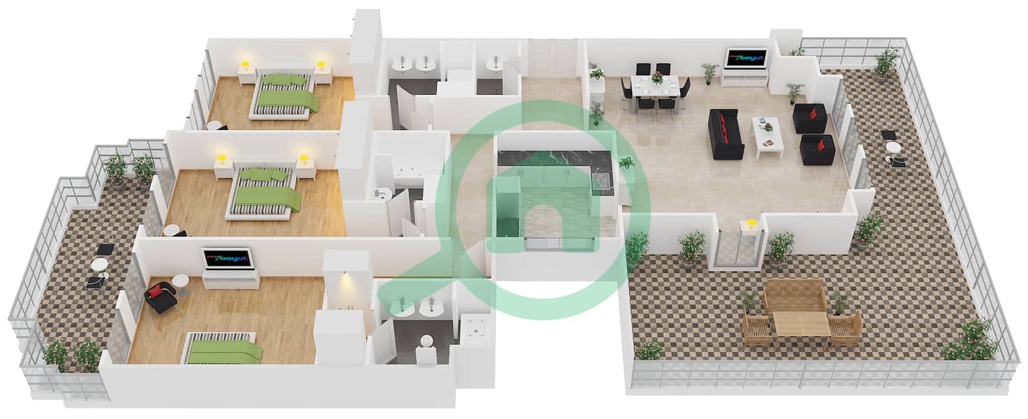 城堡大厦 - 3 卧室公寓单位B-403戶型图 interactive3D