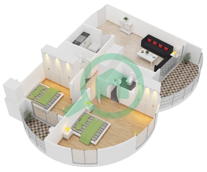骑士桥阁综合大楼 - 2 卧室公寓单位T-20戶型图 interactive3D