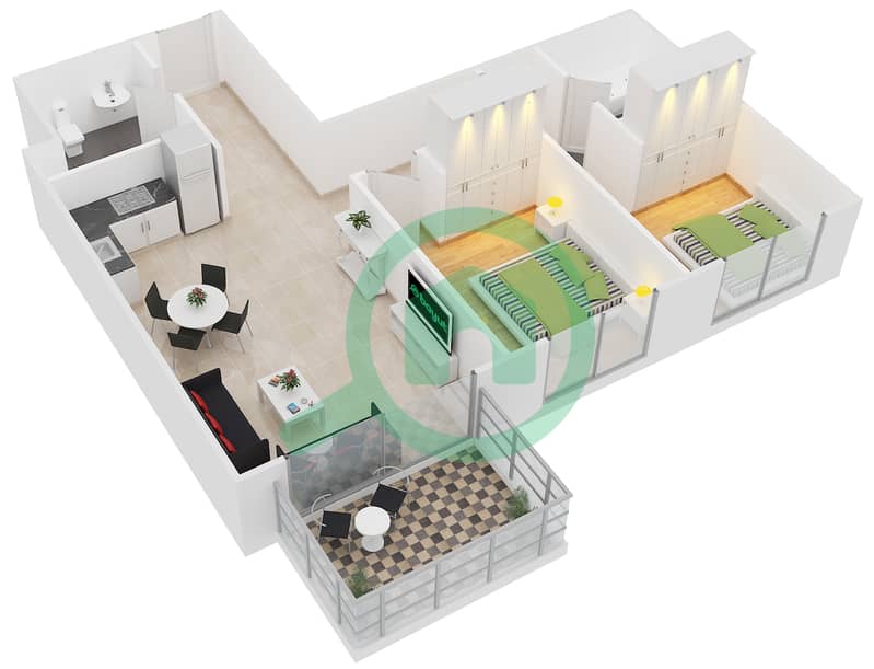 骑士桥阁综合大楼 - 2 卧室公寓单位T-04戶型图 interactive3D
