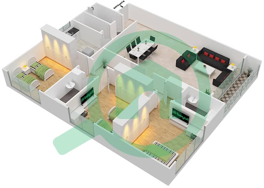 المخططات الطابقية لتصميم الوحدة 1 شقة 3 غرف نوم - برج اللؤلؤة interactive3D