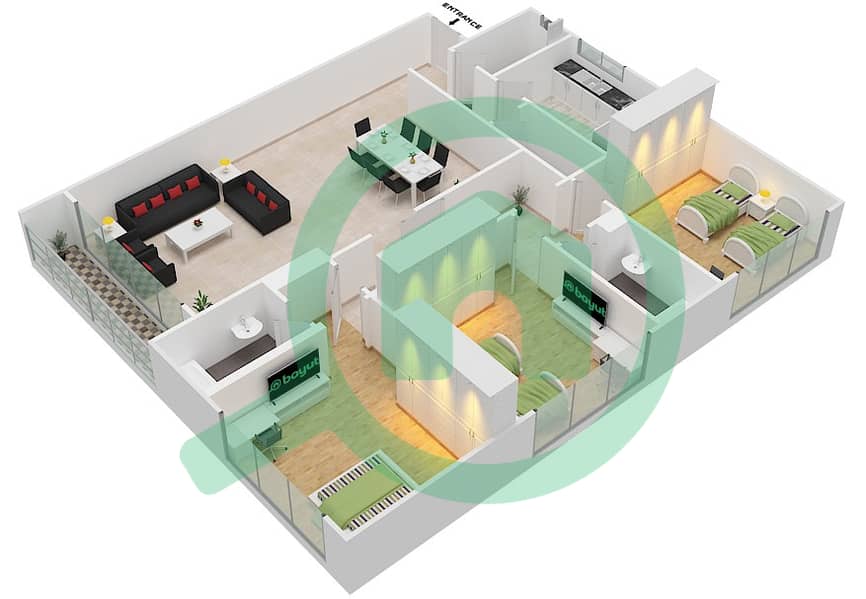 المخططات الطابقية لتصميم الوحدة 2 شقة 3 غرف نوم - برج اللؤلؤة interactive3D
