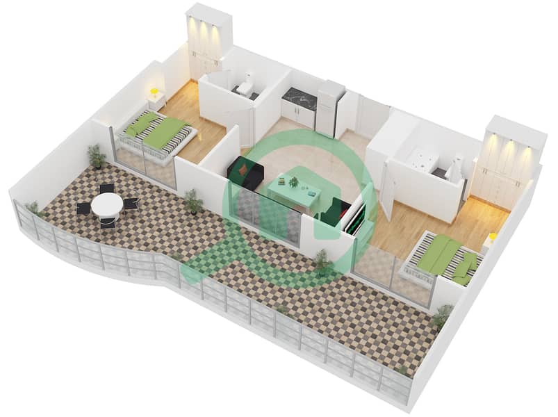 骑士桥阁综合大楼 - 2 卧室公寓单位R-23戶型图 interactive3D