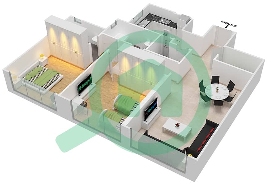 المخططات الطابقية لتصميم الوحدة 3 شقة 2 غرفة نوم - برج اللؤلؤة interactive3D