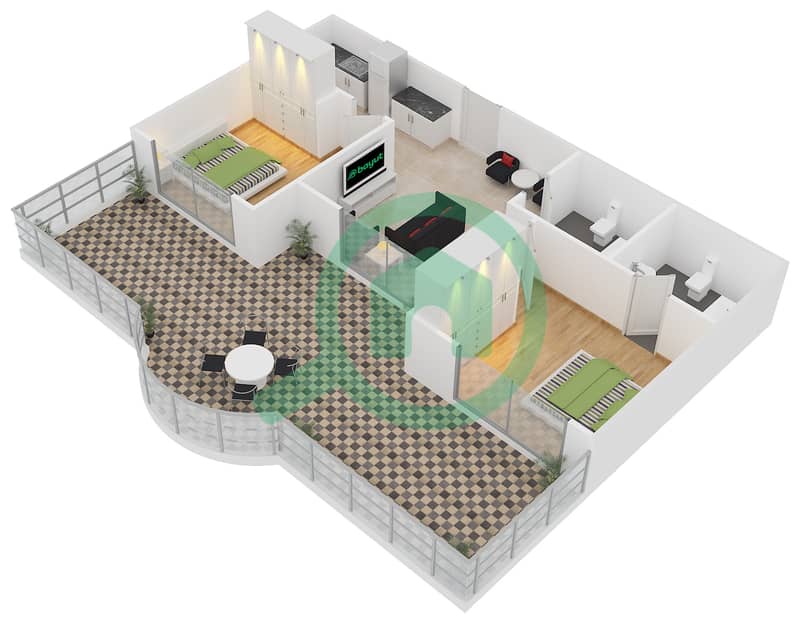 المخططات الطابقية لتصميم الوحدة R-17 شقة 2 غرفة نوم - نايتس بريدج كورت interactive3D