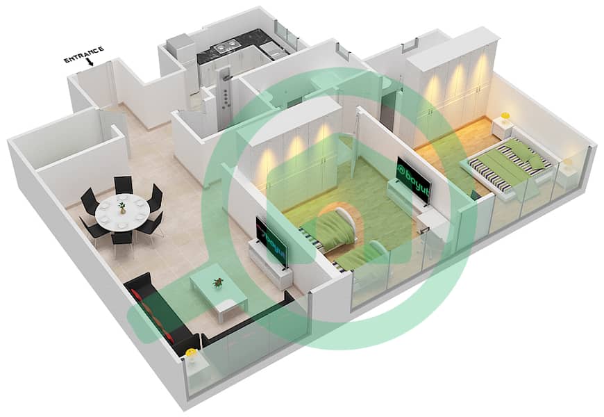 المخططات الطابقية لتصميم الوحدة 4 شقة 2 غرفة نوم - برج اللؤلؤة interactive3D