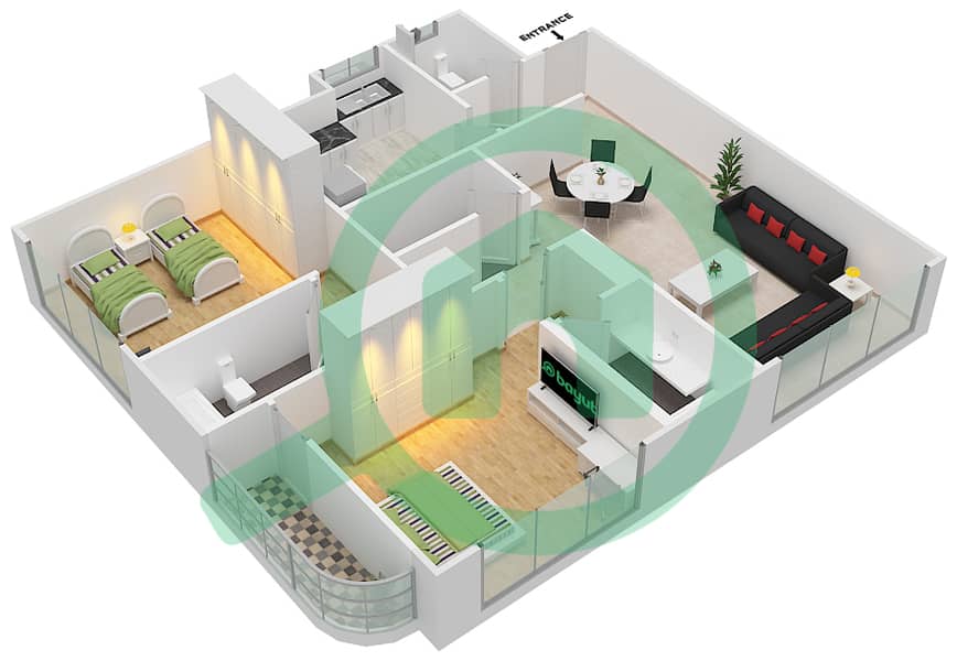 المخططات الطابقية لتصميم الوحدة 5 شقة 2 غرفة نوم - برج اللؤلؤة interactive3D