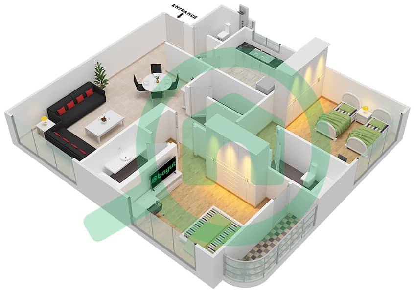 المخططات الطابقية لتصميم الوحدة 6 شقة 2 غرفة نوم - برج اللؤلؤة interactive3D