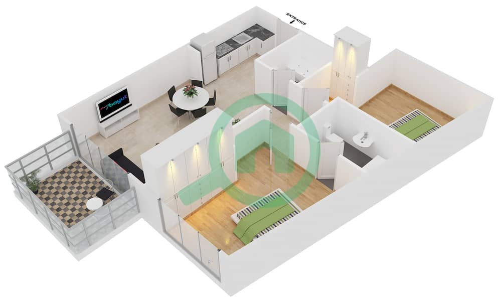 المخططات الطابقية لتصميم الوحدة R-13 شقة 2 غرفة نوم - نايتس بريدج كورت interactive3D