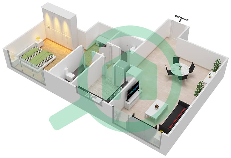 المخططات الطابقية لتصميم الوحدة 7 شقة 1 غرفة نوم - برج اللؤلؤة interactive3D