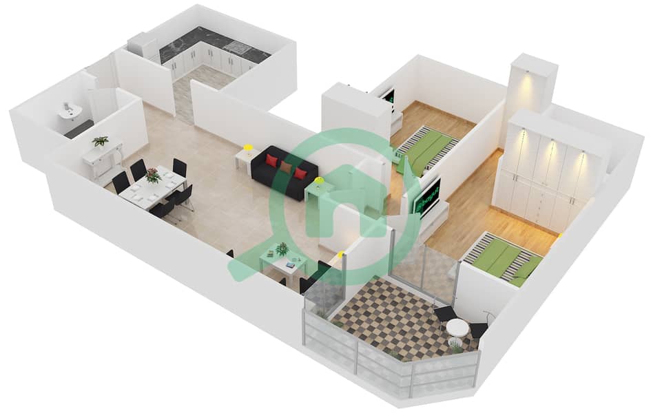 المخططات الطابقية لتصميم الوحدة R-05 شقة 2 غرفة نوم - نايتس بريدج كورت interactive3D