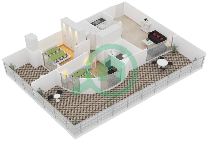 骑士桥阁综合大楼 - 2 卧室公寓单位G-19戶型图 interactive3D