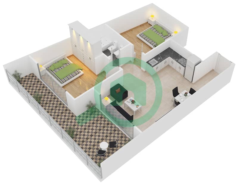 المخططات الطابقية لتصميم الوحدة G-13 شقة 2 غرفة نوم - نايتس بريدج كورت interactive3D