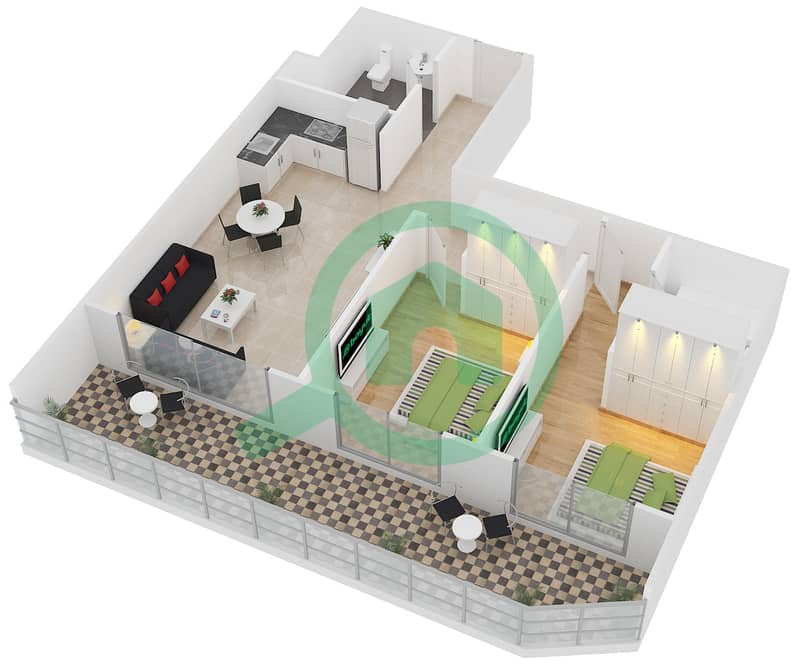 骑士桥阁综合大楼 - 2 卧室公寓单位G-04戶型图 interactive3D