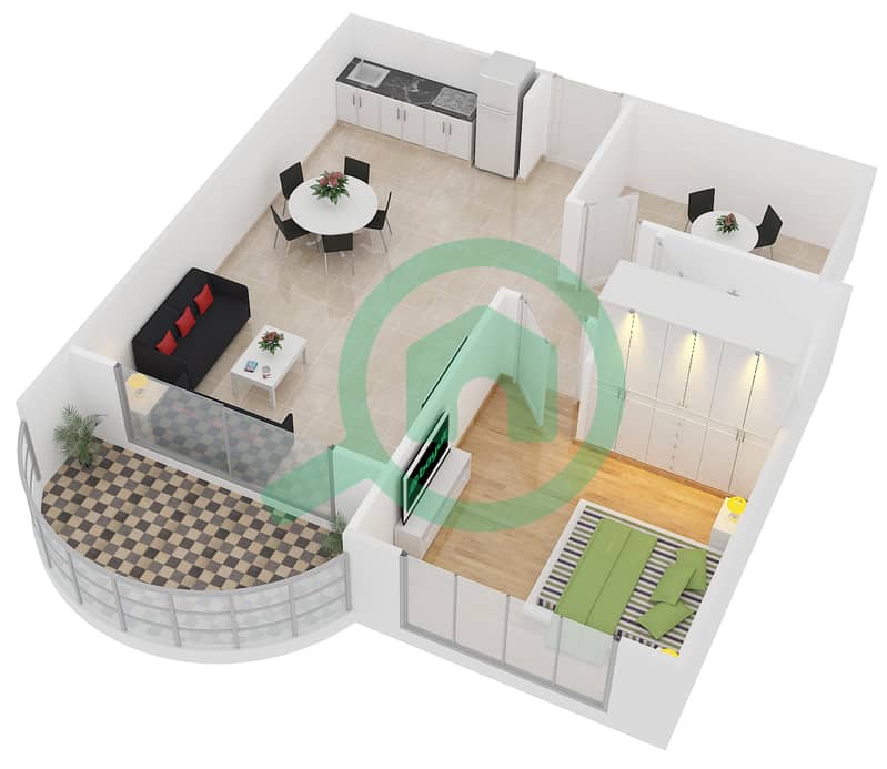 المخططات الطابقية لتصميم الوحدة T-17 شقة 1 غرفة نوم - نايتس بريدج كورت interactive3D