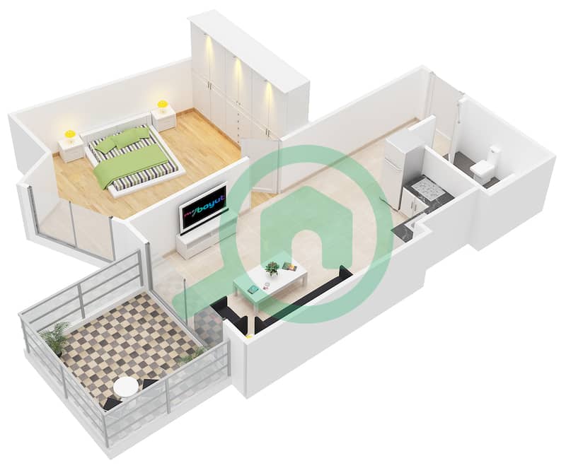 骑士桥阁综合大楼 - 1 卧室公寓单位T-10戶型图 interactive3D