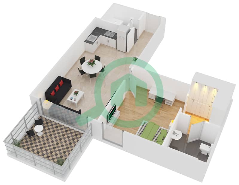 المخططات الطابقية لتصميم الوحدة T-09 شقة 1 غرفة نوم - نايتس بريدج كورت interactive3D