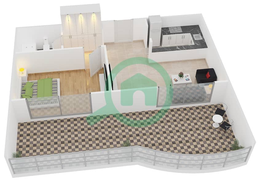 المخططات الطابقية لتصميم الوحدة R-21 شقة 1 غرفة نوم - نايتس بريدج كورت interactive3D