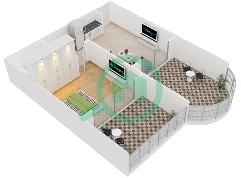 骑士桥阁综合大楼 - 1 卧室公寓单位R-15戶型图 interactive3D