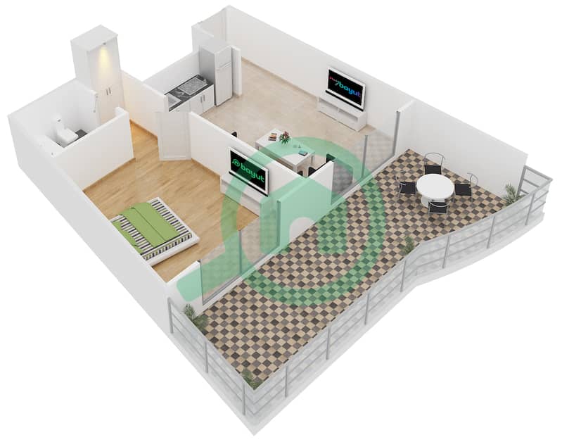 المخططات الطابقية لتصميم الوحدة R-14 شقة 1 غرفة نوم - نايتس بريدج كورت interactive3D