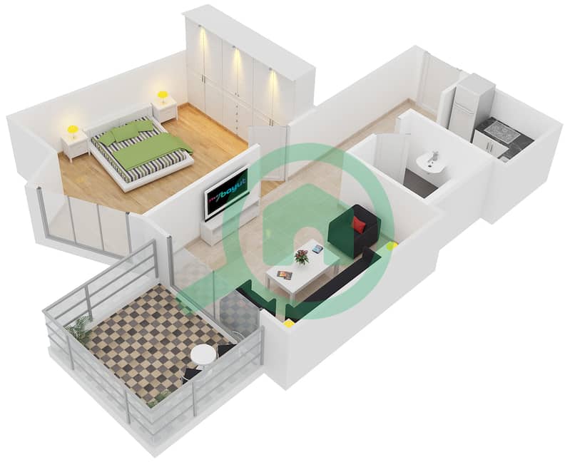 المخططات الطابقية لتصميم الوحدة R-10 شقة 1 غرفة نوم - نايتس بريدج كورت interactive3D