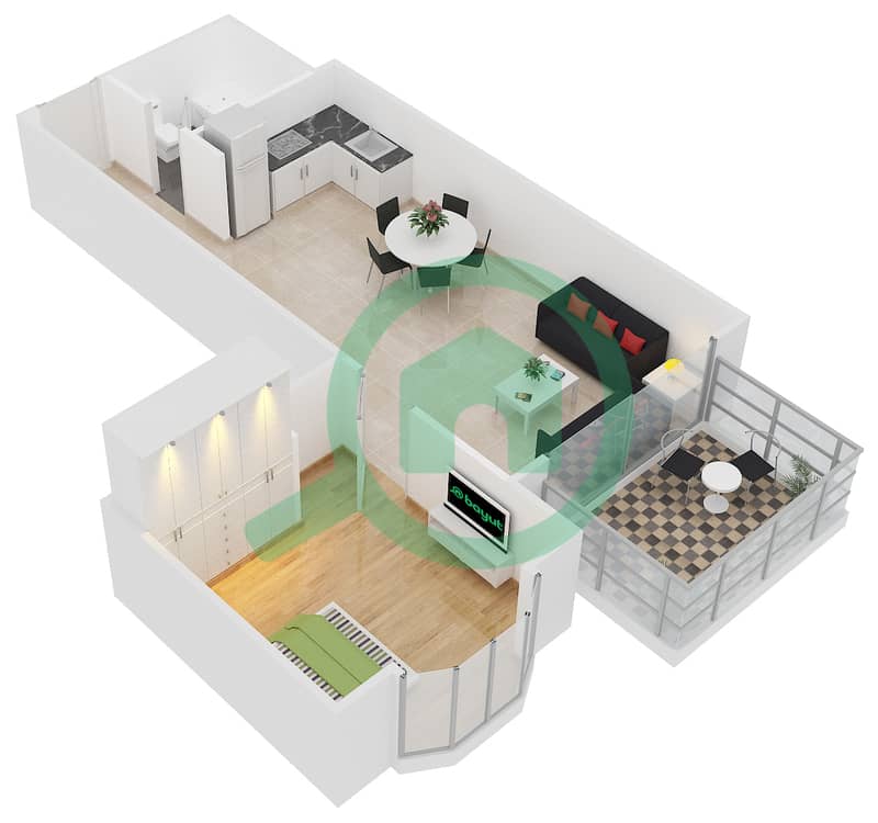 المخططات الطابقية لتصميم الوحدة R-08 شقة 1 غرفة نوم - نايتس بريدج كورت interactive3D
