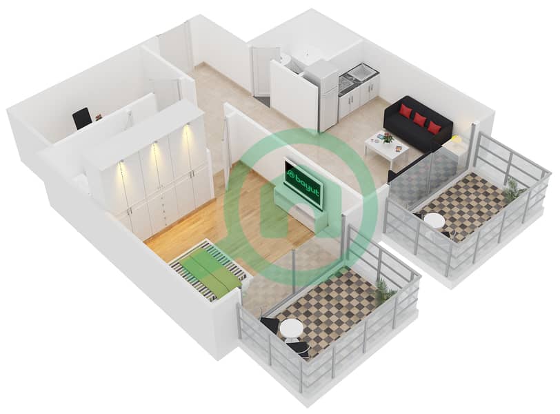 骑士桥阁综合大楼 - 1 卧室公寓单位R-07戶型图 interactive3D