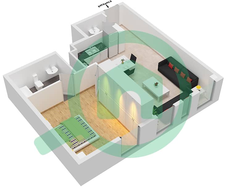 The Pulse Residence Plaza - 1 卧室公寓类型D戶型图 interactive3D