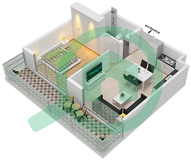 المخططات الطابقية لتصميم النموذج B-1 شقة 1 غرفة نوم - لينك 1 interactive3D