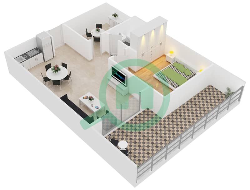 المخططات الطابقية لتصميم الوحدة G-22 شقة 1 غرفة نوم - نايتس بريدج كورت interactive3D