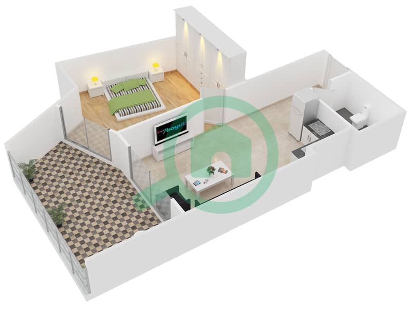المخططات الطابقية لتصميم الوحدة G-09 شقة 1 غرفة نوم - نايتس بريدج كورت interactive3D