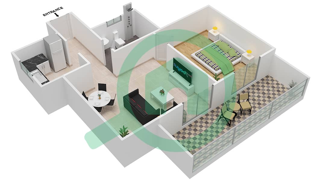 المخططات الطابقية لتصميم الوحدة 1 شقة 1 غرفة نوم - قصر صباح 2 interactive3D
