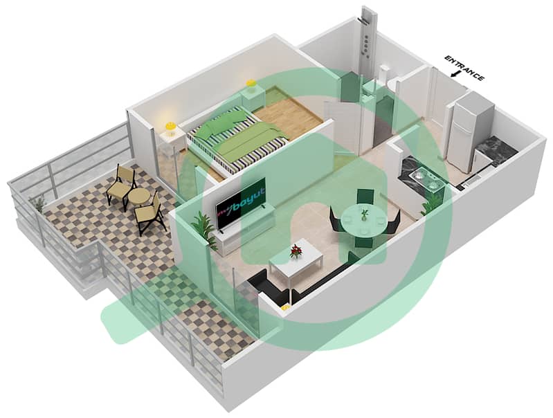 المخططات الطابقية لتصميم الوحدة 4 شقة 1 غرفة نوم - قصر صباح 2 interactive3D