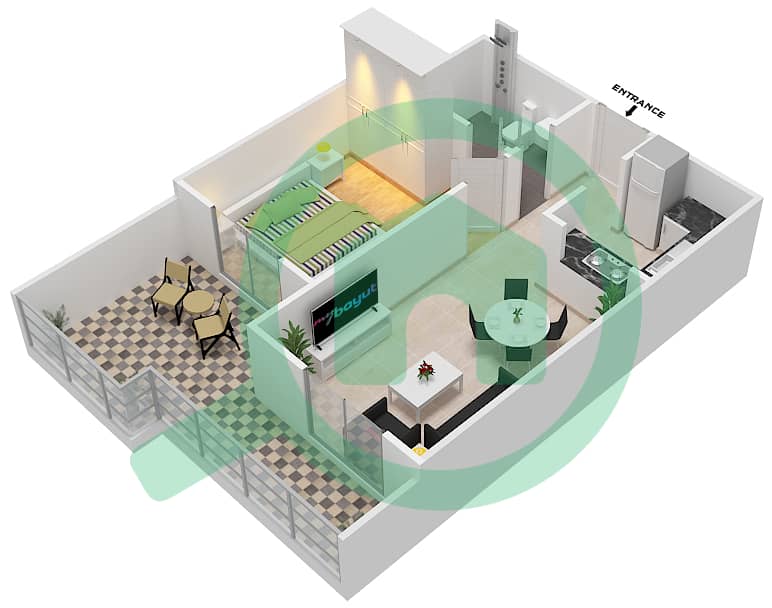 المخططات الطابقية لتصميم الوحدة 6 شقة 1 غرفة نوم - قصر صباح 2 interactive3D