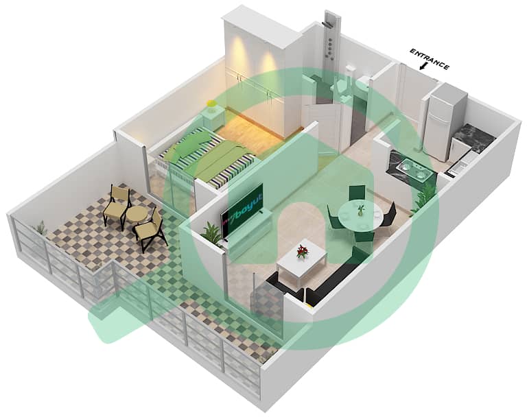 المخططات الطابقية لتصميم الوحدة 8 شقة 1 غرفة نوم - قصر صباح 2 interactive3D